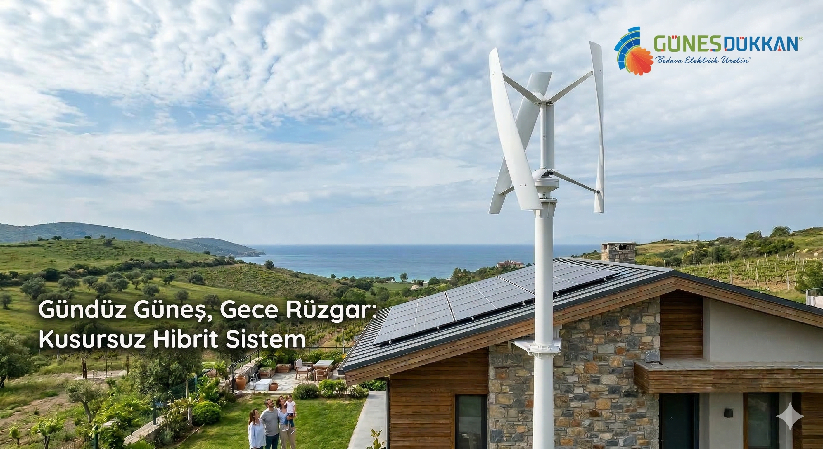 Ev tipi dikey rüzgar türbini ve güneş paneli hibrit sistem çatı üstü kurulumu